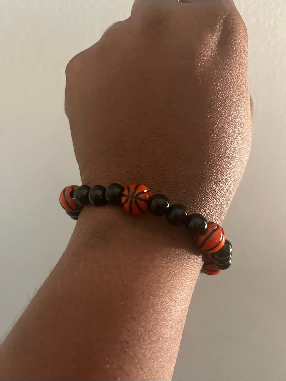 Men's Black and Orange Bead Bracelet with Basketball Accents